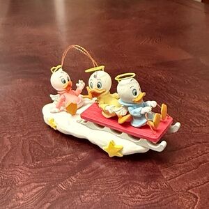 Disney Ornament Duck Angels Huey/Dewey/Louie on Sled - Pink, Yellow, Blue